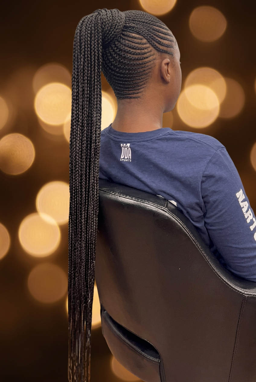 Ponytail Cornrows Braids styled at Precious Hair Braiding