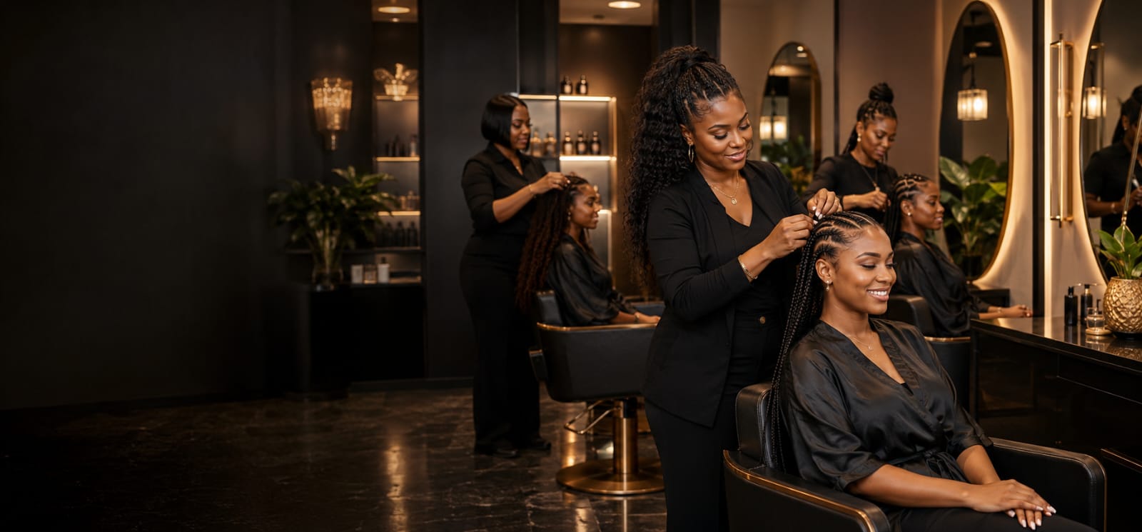 Braiding stylists working with clients inside the Precious Hair Braiding salon